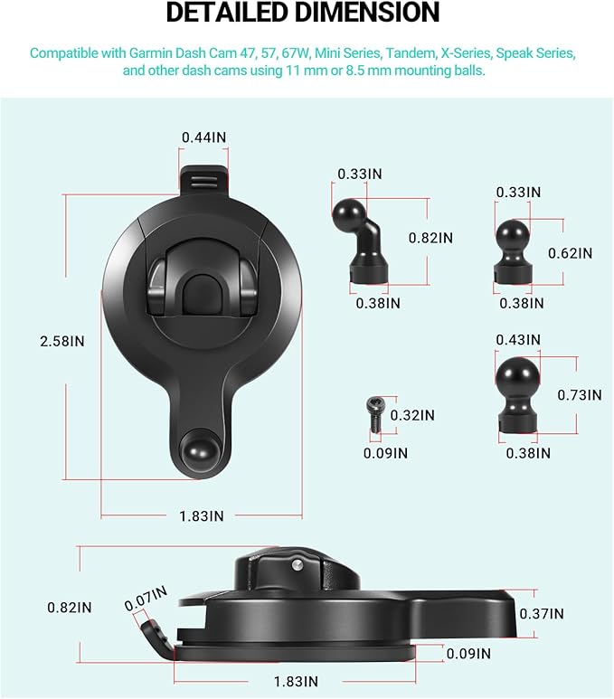 Universal Dash Cam Suction Cup Mount for Garmin Dash Cam 47/57/67W, Mini Series, Tandem, X-Series & Speak Series, 010-12530-25