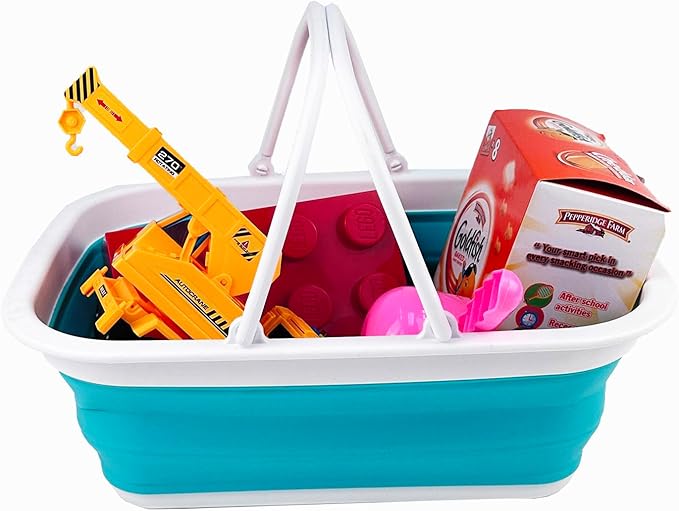 SAMMART 9.2L (2.37Gallon) Collapsible Tub with Handle - Portable Outdoor Picnic Basket/Crater - Foldable Shopping Bag - Space Saving Storage Container (2, White/Bright Blue)