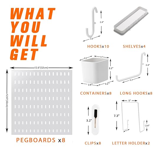 Peg Board Combination Kit, 8 Pegboards with 40 Accessories, Pegboard Wall Organizer for Office, Nursery & Home Storage, Key H