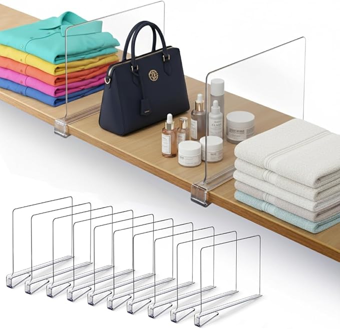 10 Pack Acrylic Shelf Dividers for Closet 11x7.9 Inch – Acrylic Dividers for Shelves Clear Closet Shelf Separators for Purses