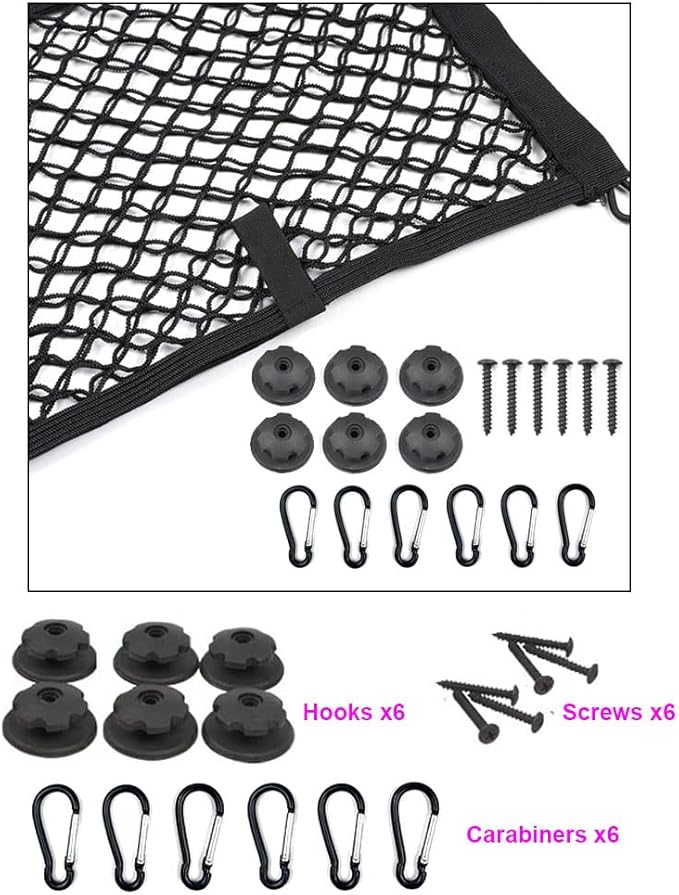 [2 PACK] JAVOedge Extra Large Cargo Net for Car, SUV, Truck, RV, Boat – Elastic Storage Mesh Organizer with Built‑In Hooks, 12 Screws & 12 Carabiners – Heavy‑Duty Trunk Cargo Net & Vehicle Storage Bag