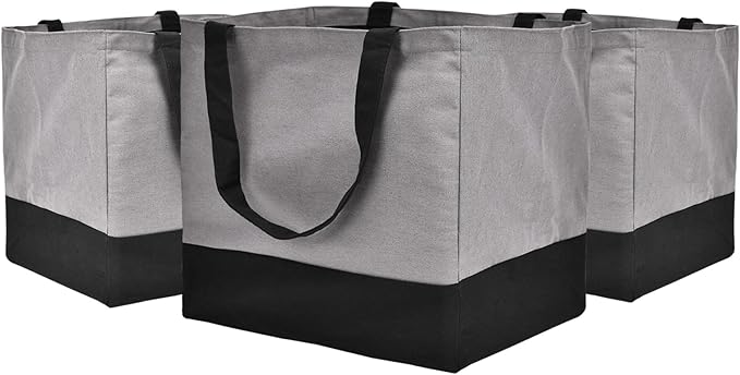 3 Pack Canvas Reusable Grocery Bags Heavy Duty, 8.3 gal Foldable Large Tote Bag with Handles, Holds 60 lbs Canvas Shopping Bags & Washable Eco-friendly Bags with 5 Pockets, Grey+Black