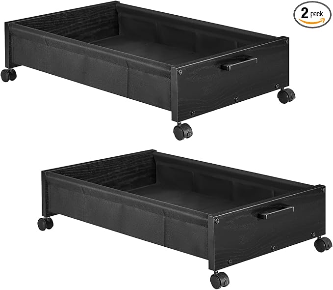 Under Bed Storage with Wheels, Wooden Under Bed Drawers On Wheels, Rolling Under Bed Shoe Storage, Space Saving, Black,30L