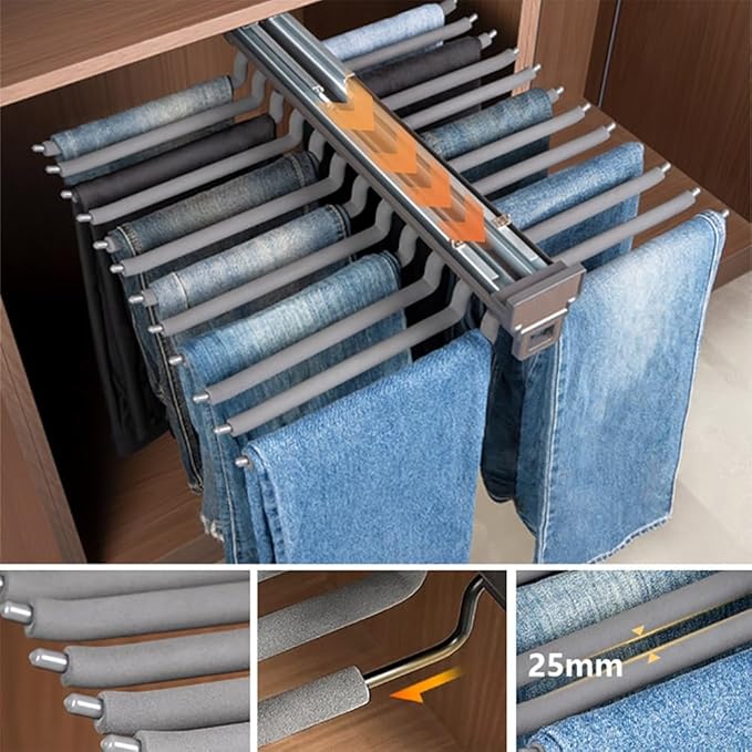 Pull Out Trouser Rack 16-24 Arms, Double Row Hanger, Extendable Pants Holder Sliding Closet Hanger Rail for Pants Clothes Org