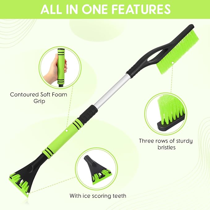 27"-33" Snow Brush and Detachable Ice Scraper with Ergonomic Foam Grip Scalable Range 27" Winter Accessories for Cars Trucks SUV(Green)