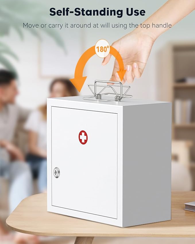 Uniclife Wall Mount Medicine Cabinet with Key Lock & Handle Locking First Aid Cabinet Lockable Medical Cabinet Medium Medicin
