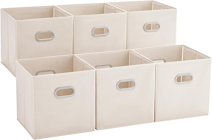 MAX Houser 6 Pack Foldable Fabric Storage Bins with Handles - Ideal for Closet Organization, Bedroom and Nursery（ Beige, 12"x