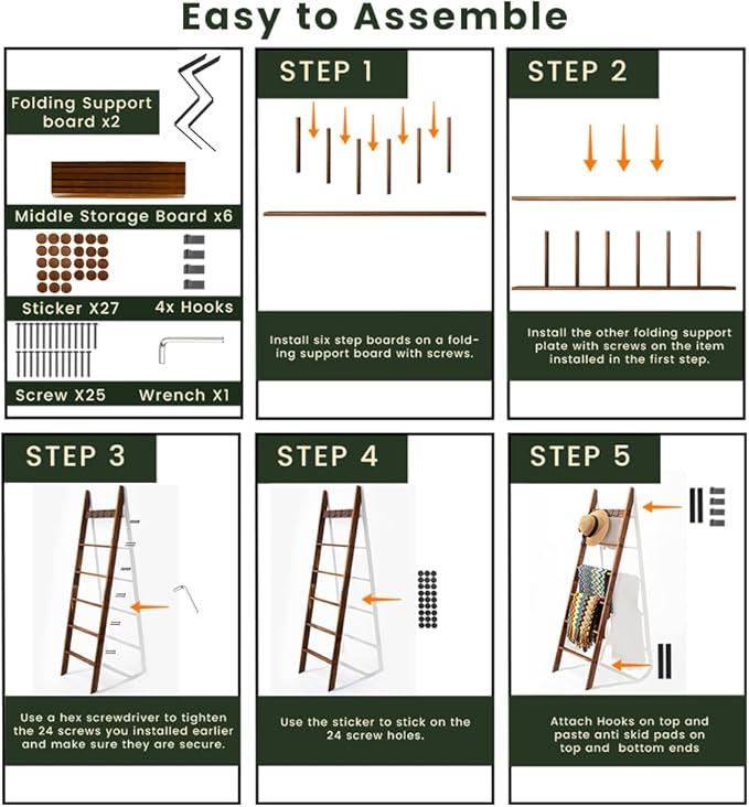 Decorative Wooden Blanket Ladder with Removable Hooks for The Living Room & Bedroom, Pine Wood, Easy Assembly 6-Tier Wall Lea