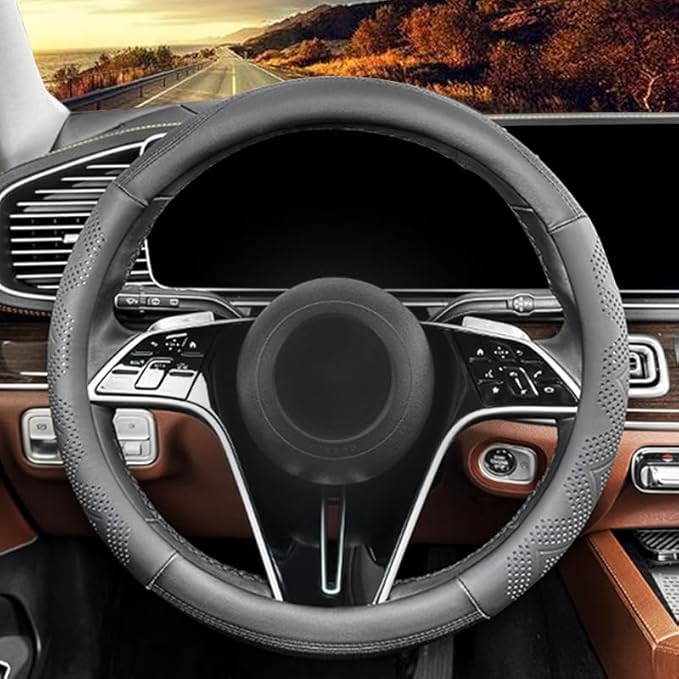 Custom-Fit for Dodge Steering Wheel Cover, Genuine Leather Steering Wheel Cover, Non-Slip, Breathable, for Dodge Accessories (Black,for Dodge)