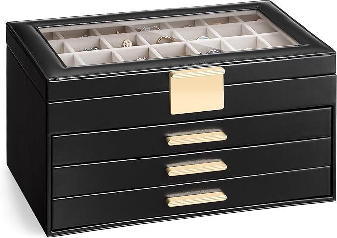 Lolalet Earring Storage Box Case with Glass Top, Large Earring Jewelry Holder Organizer Display with Drawer and Grid, Gifts f