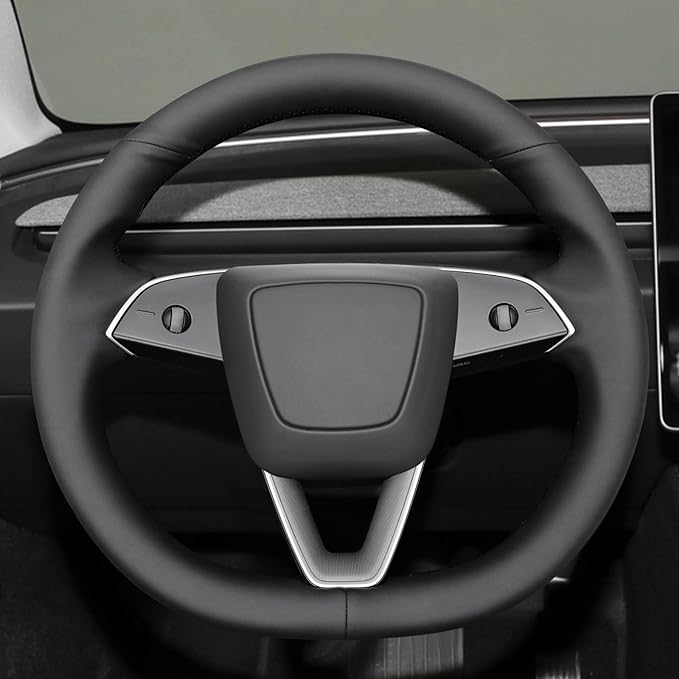MEWANT Hand Stitched Matte Carbon Real Leather Steering Wheel Cover Wrap for Tesla Model 3 Highland 2023 2024 2025 Steering Wheel Accessories Black Thread