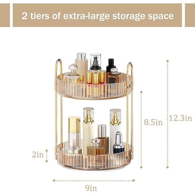 MOKANI 360 Rotating Makeup Organizer for Vanity, 2 Tier Adjustable Perfume Organizer for Dresser, Multi-Function Spinning Cos