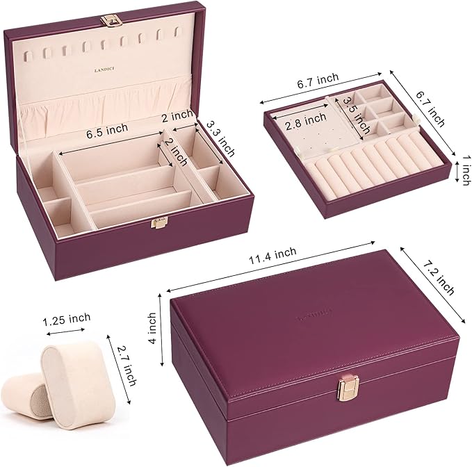 LANDICI Jewelry Box Organizer for Women, 2 Layer 4 Slot Watch Storage Case with Removable Tray, PU Leather Large Jewellery Ho