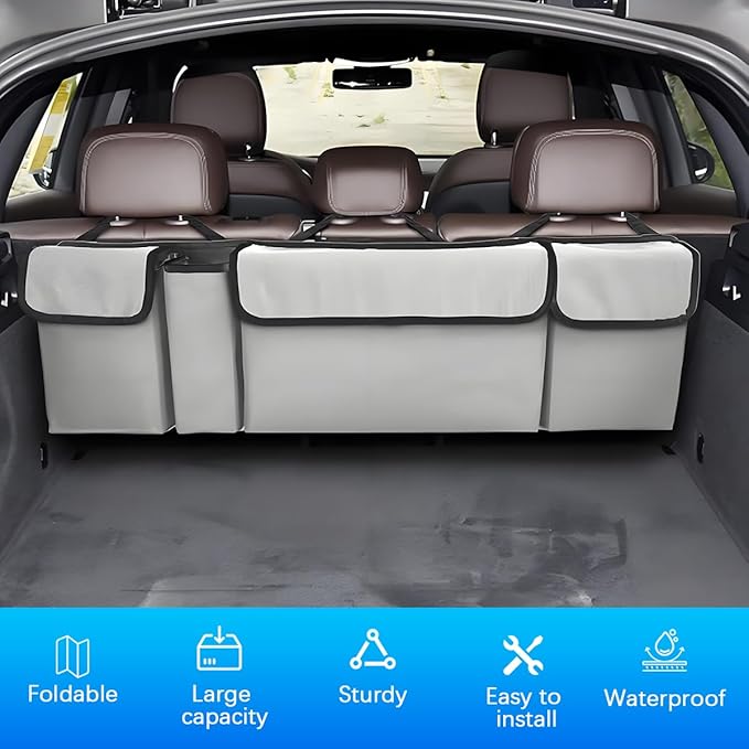 Car Trunk Organizer with Lid, Large Waterproof Vehicle Backseat Hanging Storage Bag with 4 Pockets & Adjustable Straps, Colla