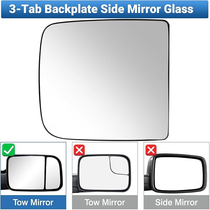 Passenger Right Side Mirror Glass Replacement, 3-Tab Backplate ONLY, Compatible with Dodge/Ram 2010-2020 1500 2500 3500 (Not for 4-Tab), Heated Convex Right Side 68067728AA 68067726AA