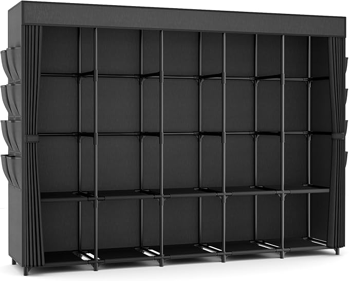 Portable Closet Storage, Portable Wardrobe Closet Organizer Clothes Rack wtih Cover, Hanging Rod, Storage Shelves and Side Po