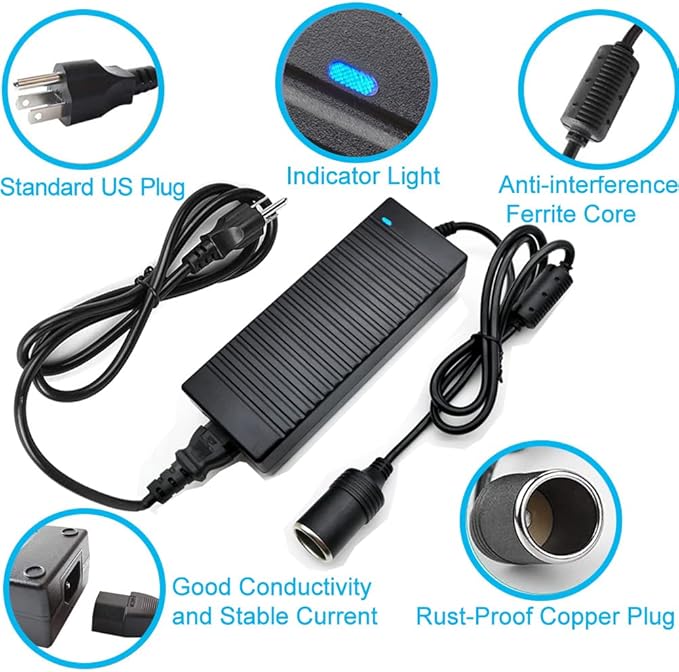 AC to DC Converter, 100V ~ 240V to 12V 10A 120W, Car Cigarette Lighter Socket AC/DC Power Supply Adapter Transformer for Tire