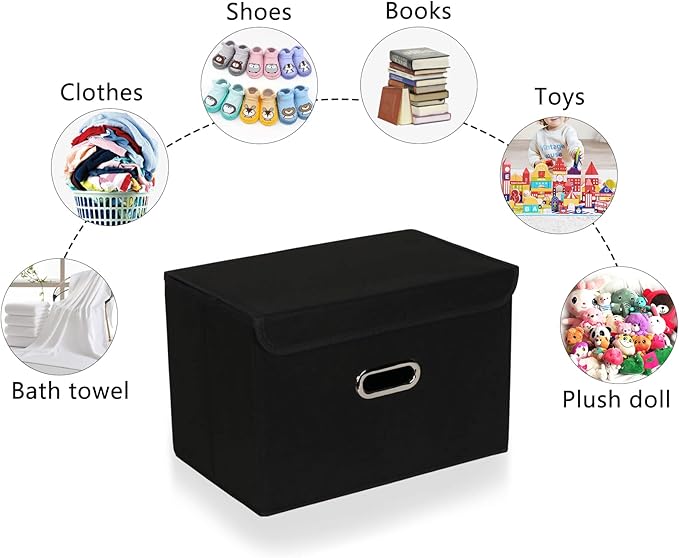 Fabric Foldable Collapsible Storage Cube Bin Organizer Basket with Lid, Handles, Removable Divider for Home, Closet (Black, 3