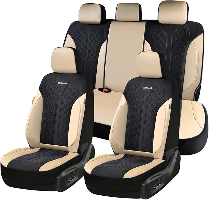 Coverado Seat Covers Full Set, Beige Car Seat Covers, PU Leather & Breathable Mesh Seat Protectors, 5-Piece Automotive Seat C