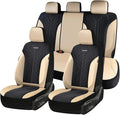 Coverado Seat Covers Full Set, Beige Car Seat Covers, PU Leather & Breathable Mesh Seat Protectors, 5-Piece Automotive Seat C