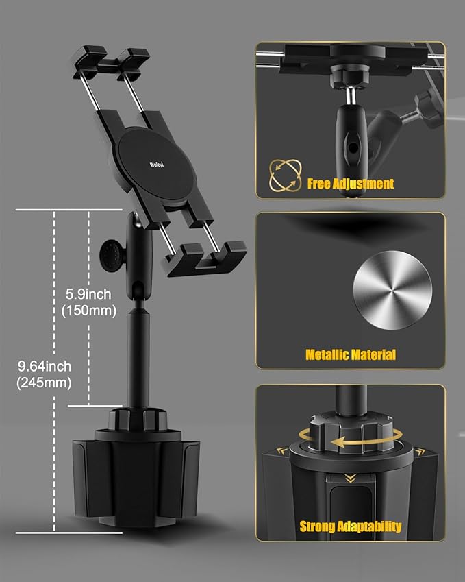 woleyi Cup Holder Tablet Holder for Car Mount - [Metal Arm] Heavy Duty Adjustable Car Cup Tablet Mount Truck Car Accessories, for 4-13" Tablets iPad Pro Air Mini, Galaxy Fold, Kindle Fire, iPhone