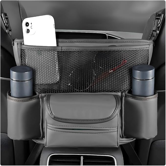 Car Handbag Holder Between Seats, Large Capacity Leather Organizer Auto Purse Holder with Tissue Box, Double-Sided Central Storage Bag Front Seat Barrier for Most Vehicles (Gray)