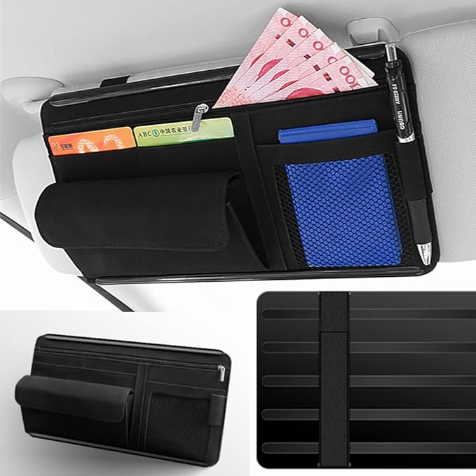 Car Sun Visor Organizer Glasses Case Storage Pocket Organizer with Multi-Pocket Net Zipper Pouch Sunglass Holder for Car Truck SUV (Black)