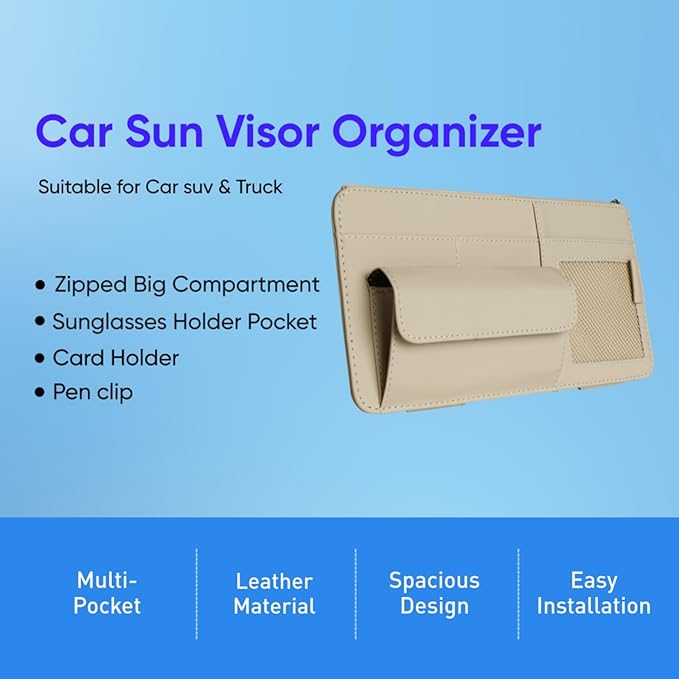Car Visor Organizer, Multi-Pocket Sunvisor Storage with Sunglass Holder, Document Holder and Visor Card Clip, Fit for AUTO SUV & Truck, Leather Car Accessories Interior (Pink)