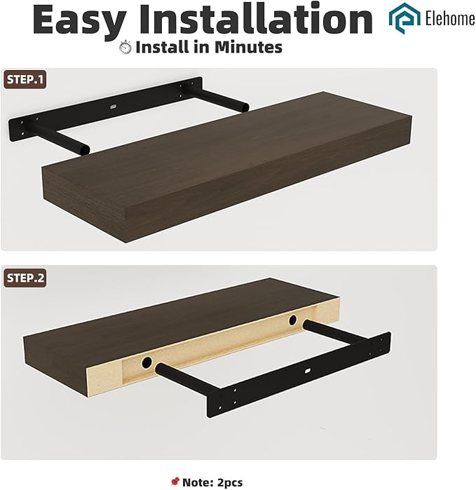 Floating Shelves Board for Wall with Brackets – 24" L x 10" W x 2" T Rich Walnut Melamine Wood Floating Shelves for Bathroom,