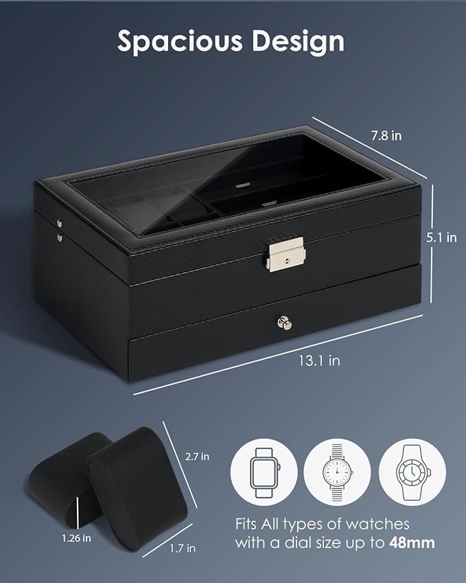 Kukikan Watch Jewelry Box Organizer, 6-Slot 2-Layer Watch Case and Sunglasses Storage with Large Glass Lid, Mens Jewelry