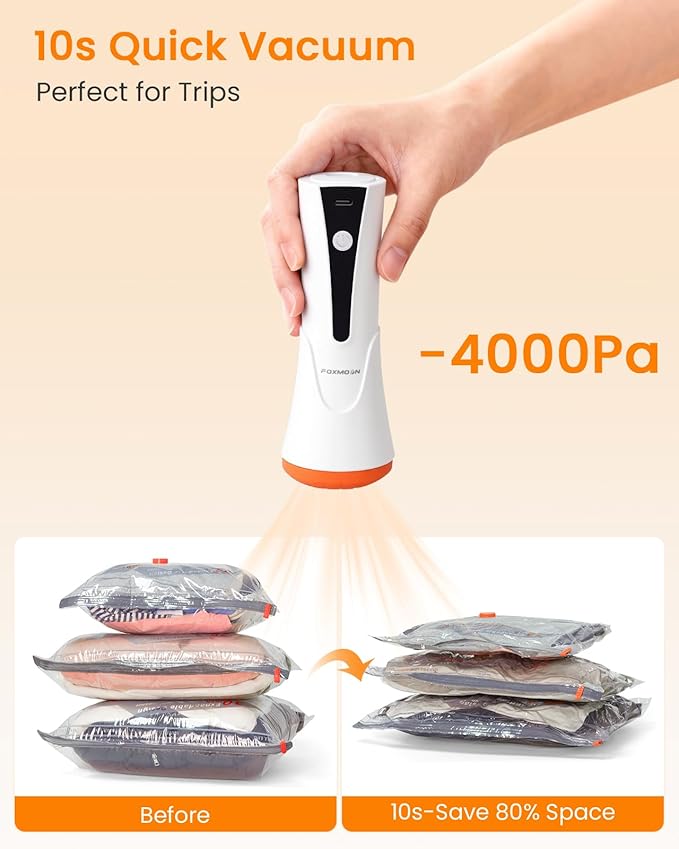 Vacuum Seal Bags for Clothing Travel with Rechargeable Cordless Pump, 15 Pack Compression Space Saver Bags for Packing, Lugga
