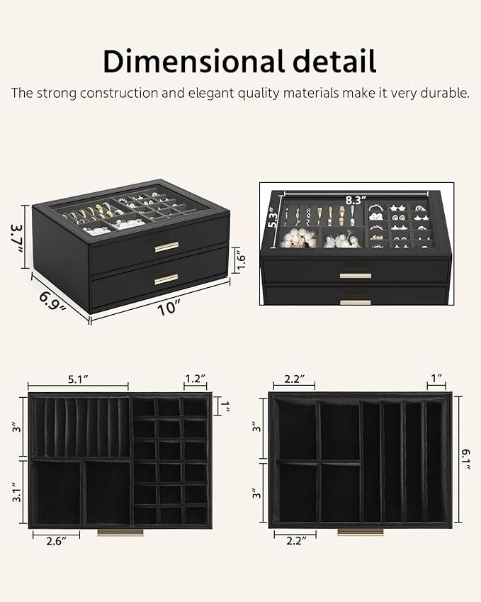 AKOZLIN Jewelry Box with Clear Lid Functional Leather Jewelry Storage Organizer Case 2 Drawers for Women Girls Necklace Ring 