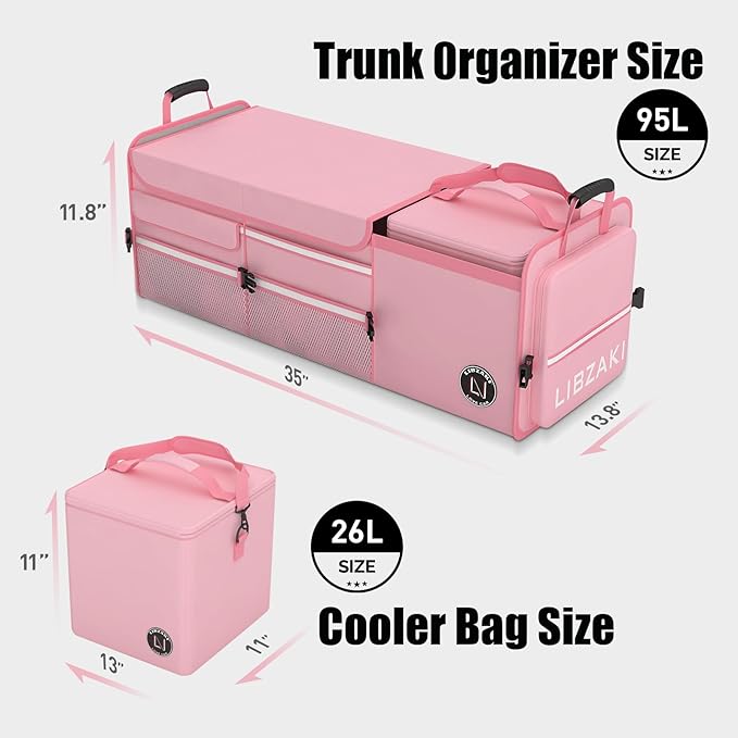LIBZAKI Oversize 4 in 1 Car Trunk Storage Organizer, Multi Compartment Collapsible Trunk Storage Box with Cooler Bag for Car