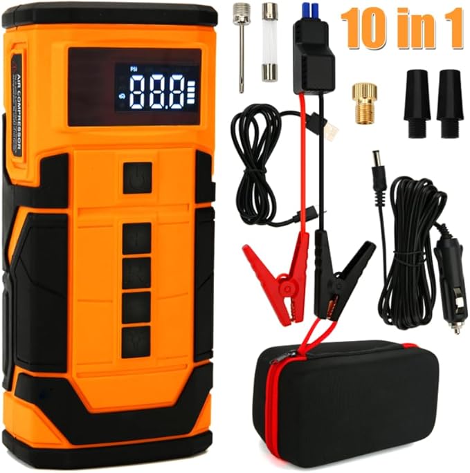 Car Jump Starter with Air Compressor, 3000A Car Battery Jumper Starter Portable (9.0 Gas/6.5L Diesel) with 150PSl Digital Tire Inflator Portable Car Jump Box with Jumper Cables, Charger, LED Light