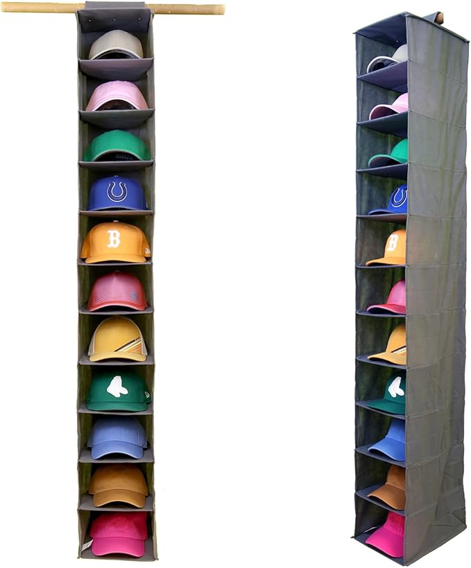 Perfect Curve 11-Pocket Hanging Baseball Hat Organizer - Gray Hat Storage Rack for Closet, Holds Up to 100 Caps. Also store s