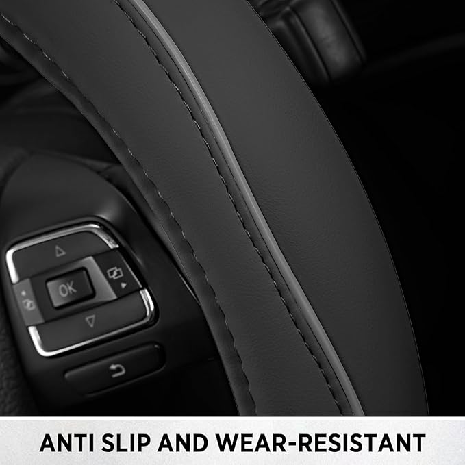Road Comforts Leather Steering Wheel Cover with Decorative Trim and Piping, Anti-Slip Breathable Design, Fits 14.5–15 Inch Ro
