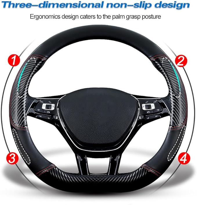 Car Carbon Fiber and Leather D-Shape Steering Wheel Cover, Stylish car Non-Slip Leather car Interior 15 inches Universal Black and Red