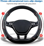 Car Carbon Fiber and Leather D-Shape Steering Wheel Cover, Stylish car Non-Slip Leather car Interior 15 inches Universal Black and Red