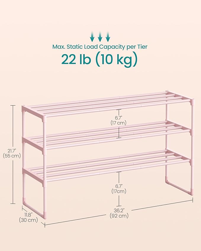 SONGMICS Shoe Rack, 3-Tier Shoe Organizer, Metal Storage Shelf, Upright or Upside Down, for 16-20 Pairs, Stackable, for Entry