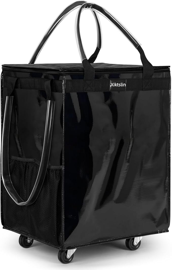 (Medium, Black) Reusable Grocery Bag on 4 Wheels, Foldable Rolling Tote Carries Up to 66lb Shopping Trolley, Rolling Bag with 3 Handles, Zipper Clouser Rolling Tote Bag with Wheels for Laundry