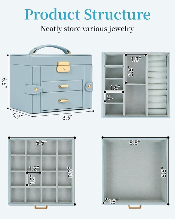 TORIBIO Jewelry Box for Women, Leather Jewelry Organizer with Mirror & Lock, 3-Tier Jewelry Storage Organizer with 2 Drawers 