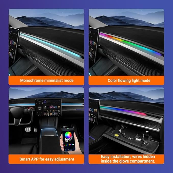 LED Car Ambient Lighting Strip for Tesla High Brightness with APP Control Multiple Colors and Car LED Strip Lighting Neon Lights for Model 3/Y (Dashboard& Center Console)