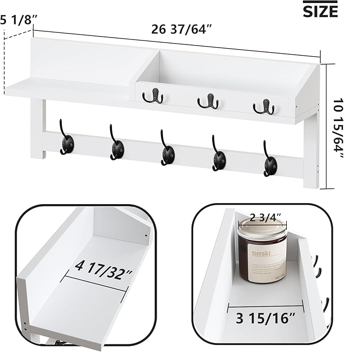 AMBIRD Wall Hooks with Shelf, 26.57 Inch Entryway Wood Coat Hooks for Wall, Coat Rack Wall Mount with 5 Dual Hooks 3 Key Hook