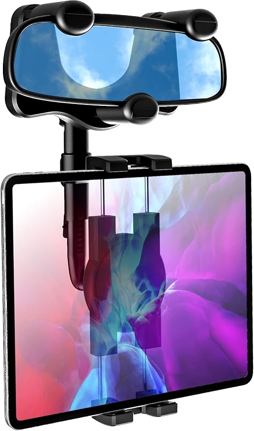 Car Rearview Mirror Tablet Mount, Truck Rear View Mirror Tablet Phone Holder Bracket with Adjustable Arm [Rotatable 360° & Retractable] for iPad Air Mini, Galaxy, Fire, iPhone, 4-11"