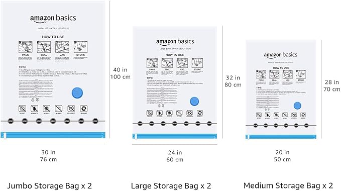 Amazon Basics Vacuum Storage Bags for Clothing, Multiple Sizes Compression Zipper Bags with Hand Pump for Space Saving and Tr