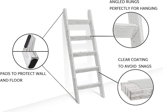FUIN 5ft Wood Blanket Ladder Living Room Decorative Wall Leaning Farmhouse Quilt Display Holder Storage Wooden Towel Rack for