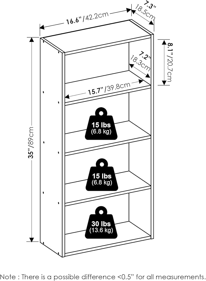 Furinno Basic Book Shelf, 4-Tier Bookcase with Open Shelf, Bookshelf, Cube Storage Organizer, 7 x 17 x 35, for Living Room, B
