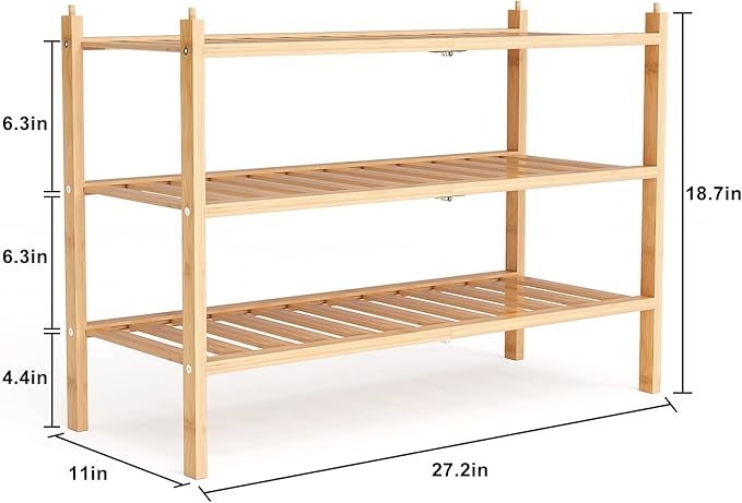 Dranixly Shoe Rack, 3-Tier Bamboo Stackable Shelf Storage Organizer, Stand for Closet, Entryway, Hallway, Bathroom and Living