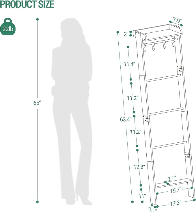 Hzuaneri Blanket Ladder Shelf, Decorative Quilt Rack, 6-Tier Farmhouse Ladder Holder Organizer with 4 Removable Hooks 7.9" D 