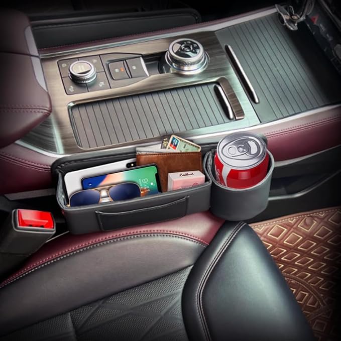 Car Seat Gap Filler & Organizer，2 Pack Black Car Leather Cup Holder Gap Bag,Men Car Interior Accessories，Seat Gap Storage Box for Storage Sunglasses、Phone、Key